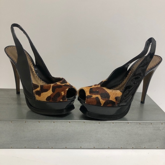 Bebe Leopard Platform Sling Back Stilettos Patented Leather Sz 5 - Picture 5 of 10